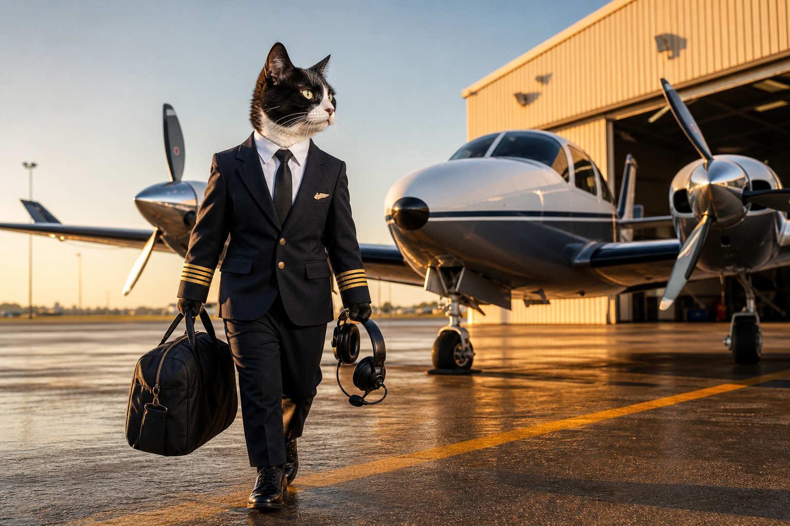 A cat pilot in a flight blazer walking toward a multi-engine training aircraft at golden hour