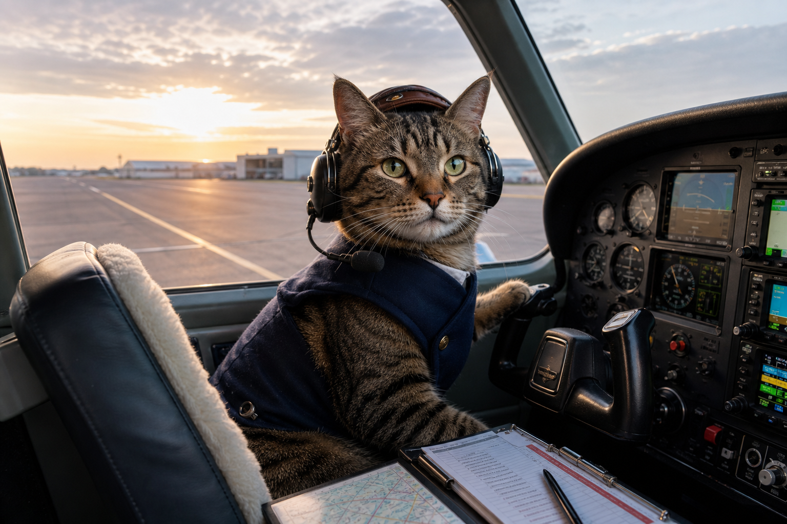 A cat pilot wearing a headset in a modern light aircraft cockpit at sunrise