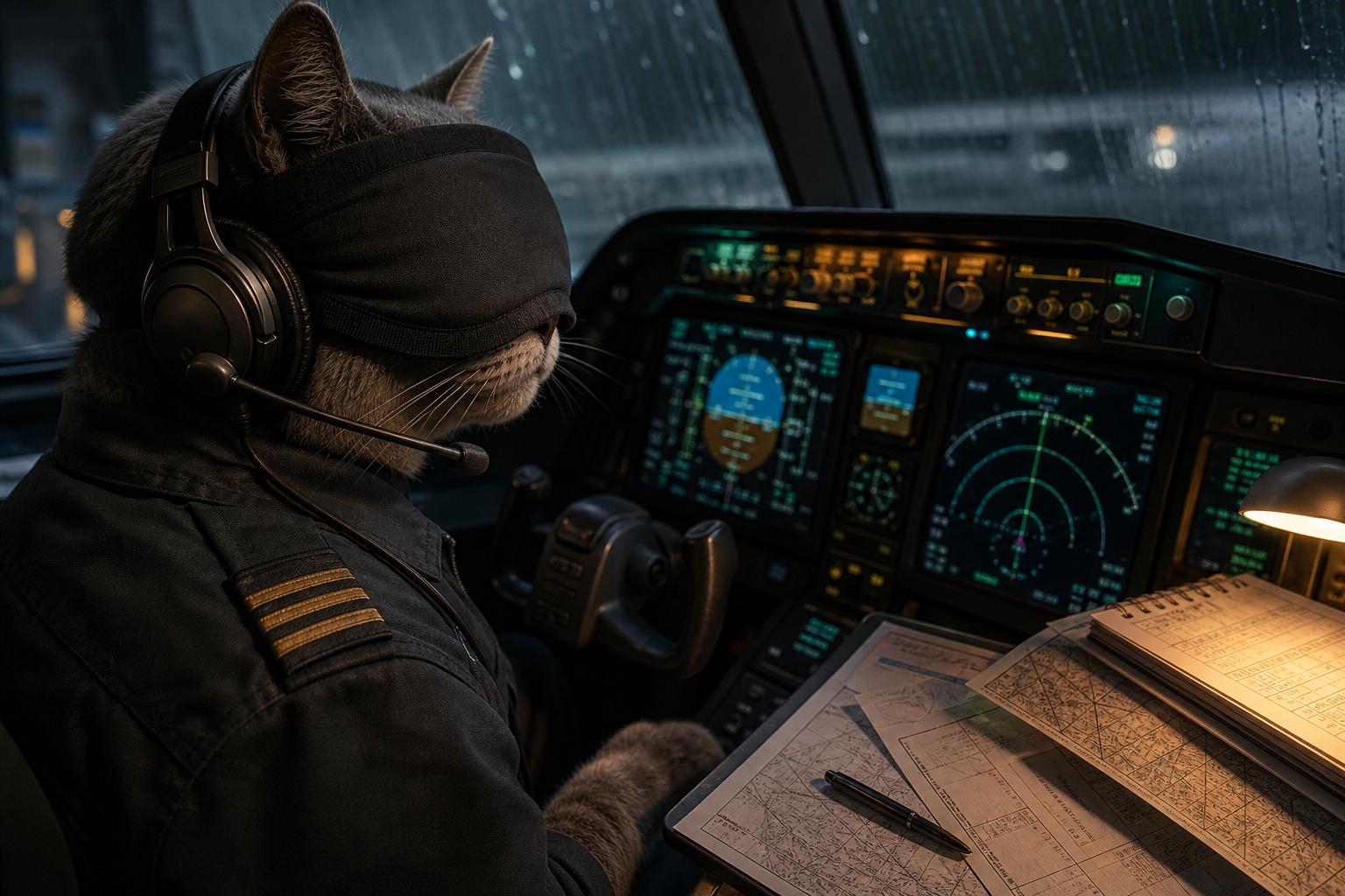 A cat pilot wearing a training hood and headset in a simulator with glowing avionics